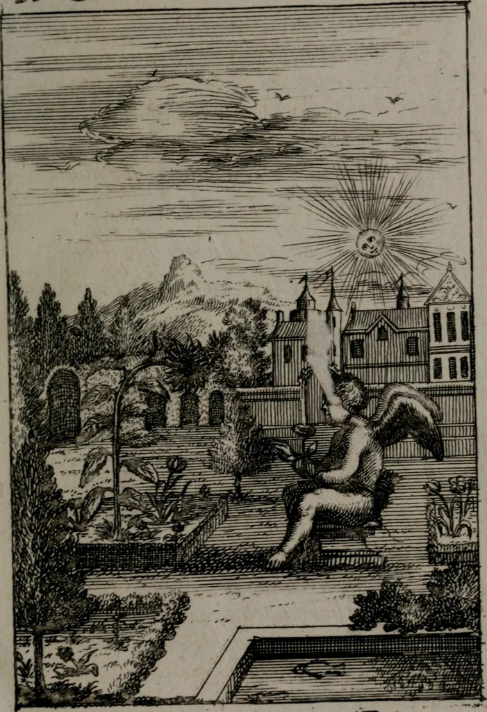 An illustration from Triumphus amoris, de cunctis universi hujus incolis actus, emblematibus ac symbolis Latinis, Italicis, Gallicis, Germanicis, oculis exhibitus. : Oder: Die über den gantzen Erd-cräisz triumphirende Liebe, in nachdencklichen Sinn-bildern neben sehr curiosen lateinischen, italianischen, französischen und teutschen Bey-sprüchen auch kurtzweiligen Versen fürgestellet, 1695, leaf 82