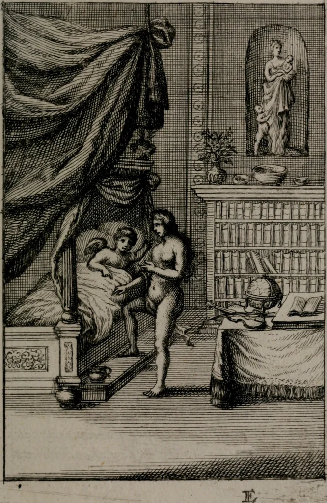 An illustration from Triumphus amoris, de cunctis universi hujus incolis actus, emblematibus ac symbolis Latinis, Italicis, Gallicis, Germanicis, oculis exhibitus. : Oder: Die über den gantzen Erd-cräisz triumphirende Liebe, in nachdencklichen Sinn-bildern neben sehr curiosen lateinischen, italianischen, französischen und teutschen Bey-sprüchen auch kurtzweiligen Versen fürgestellet, 1695, leaf 86
