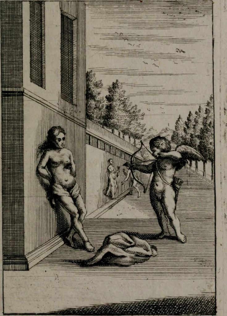 An illustration from Triumphus amoris, de cunctis universi hujus incolis actus, emblematibus ac symbolis Latinis, Italicis, Gallicis, Germanicis, oculis exhibitus. : Oder: Die über den gantzen Erd-cräisz triumphirende Liebe, in nachdencklichen Sinn-bildern neben sehr curiosen lateinischen, italianischen, französischen und teutschen Bey-sprüchen auch kurtzweiligen Versen fürgestellet, 1695, leaf 90