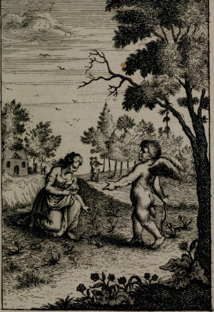 An illustration from Triumphus amoris, de cunctis universi hujus incolis actus, emblematibus ac symbolis Latinis, Italicis, Gallicis, Germanicis, oculis exhibitus. : Oder: Die über den gantzen Erd-cräisz triumphirende Liebe, in nachdencklichen Sinn-bildern neben sehr curiosen lateinischen, italianischen, französischen und teutschen Bey-sprüchen auch kurtzweiligen Versen fürgestellet, 1695, leaf 94