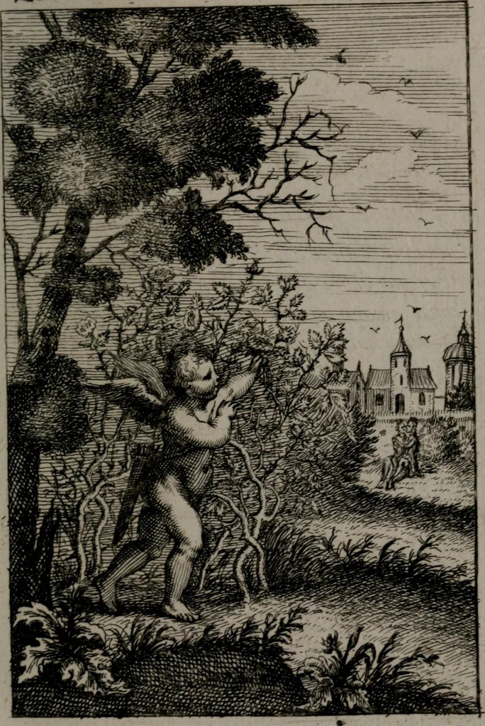 An illustration from Triumphus amoris, de cunctis universi hujus incolis actus, emblematibus ac symbolis Latinis, Italicis, Gallicis, Germanicis, oculis exhibitus. : Oder: Die über den gantzen Erd-cräisz triumphirende Liebe, in nachdencklichen Sinn-bildern neben sehr curiosen lateinischen, italianischen, französischen und teutschen Bey-sprüchen auch kurtzweiligen Versen fürgestellet, 1695, leaf 98