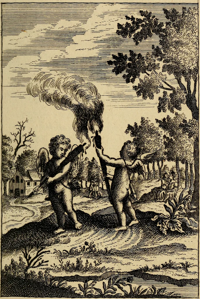 An illustration from Triumphus amoris, de cunctis universi hujus incolis actus, emblematibus ac symbolis Latinis, Italicis, Gallicis, Germanicis, oculis exhibitus. : Oder: Die über den gantzen Erd-cräisz triumphirende Liebe, in nachdencklichen Sinn-bildern neben sehr curiosen lateinischen, italianischen, französischen und teutschen Bey-sprüchen auch kurtzweiligen Versen fürgestellet, 1695, leaf 10