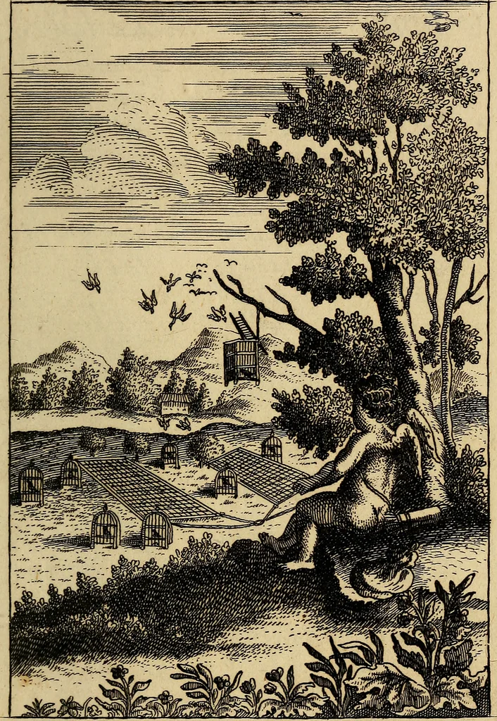 An illustration from Triumphus amoris, de cunctis universi hujus incolis actus, emblematibus ac symbolis Latinis, Italicis, Gallicis, Germanicis, oculis exhibitus. : Oder: Die über den gantzen Erd-cräisz triumphirende Liebe, in nachdencklichen Sinn-bildern neben sehr curiosen lateinischen, italianischen, französischen und teutschen Bey-sprüchen auch kurtzweiligen Versen fürgestellet, 1695, leaf 12