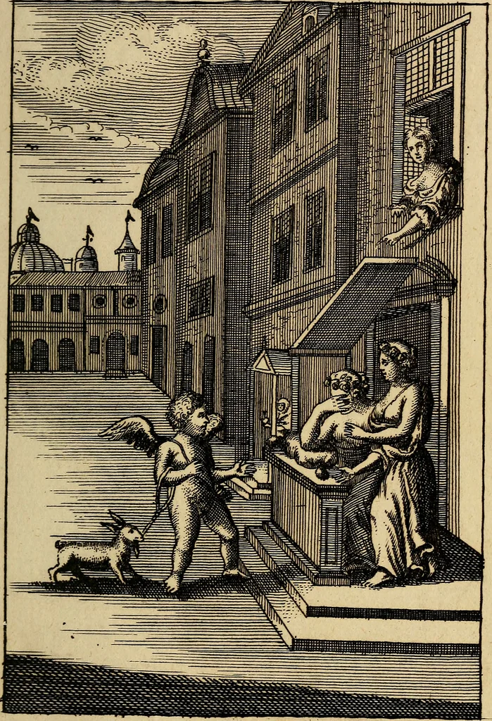 An illustration from Triumphus amoris, de cunctis universi hujus incolis actus, emblematibus ac symbolis Latinis, Italicis, Gallicis, Germanicis, oculis exhibitus. : Oder: Die über den gantzen Erd-cräisz triumphirende Liebe, in nachdencklichen Sinn-bildern neben sehr curiosen lateinischen, italianischen, französischen und teutschen Bey-sprüchen auch kurtzweiligen Versen fürgestellet, 1695, leaf 14