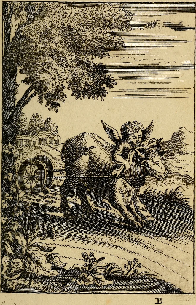 An illustration from Triumphus amoris, de cunctis universi hujus incolis actus, emblematibus ac symbolis Latinis, Italicis, Gallicis, Germanicis, oculis exhibitus. : Oder: Die über den gantzen Erd-cräisz triumphirende Liebe, in nachdencklichen Sinn-bildern neben sehr curiosen lateinischen, italianischen, französischen und teutschen Bey-sprüchen auch kurtzweiligen Versen fürgestellet, 1695, leaf 16