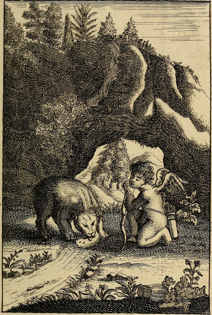 An illustration from Triumphus amoris, de cunctis universi hujus incolis actus, emblematibus ac symbolis Latinis, Italicis, Gallicis, Germanicis, oculis exhibitus. : Oder: Die über den gantzen Erd-cräisz triumphirende Liebe, in nachdencklichen Sinn-bildern neben sehr curiosen lateinischen, italianischen, französischen und teutschen Bey-sprüchen auch kurtzweiligen Versen fürgestellet, 1695, leaf 18
