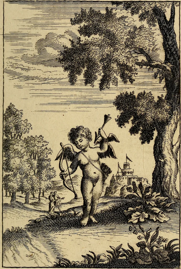An illustration from Triumphus amoris, de cunctis universi hujus incolis actus, emblematibus ac symbolis Latinis, Italicis, Gallicis, Germanicis, oculis exhibitus. : Oder: Die über den gantzen Erd-cräisz triumphirende Liebe, in nachdencklichen Sinn-bildern neben sehr curiosen lateinischen, italianischen, französischen und teutschen Bey-sprüchen auch kurtzweiligen Versen fürgestellet, 1695, leaf 20