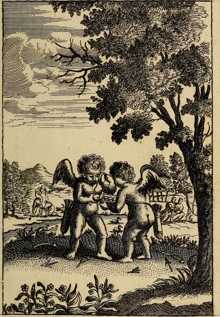 An illustration from Triumphus amoris, de cunctis universi hujus incolis actus, emblematibus ac symbolis Latinis, Italicis, Gallicis, Germanicis, oculis exhibitus. : Oder: Die über den gantzen Erd-cräisz triumphirende Liebe, in nachdencklichen Sinn-bildern neben sehr curiosen lateinischen, italianischen, französischen und teutschen Bey-sprüchen auch kurtzweiligen Versen fürgestellet, 1695, leaf 22
