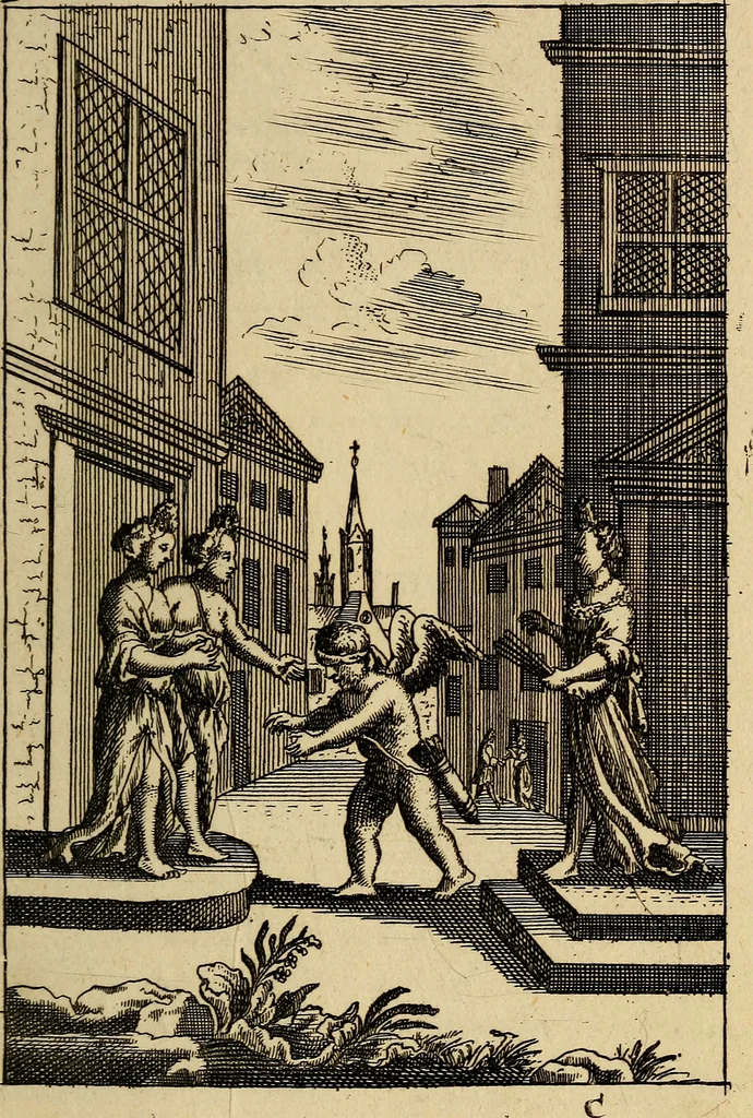 An illustration from Triumphus amoris, de cunctis universi hujus incolis actus, emblematibus ac symbolis Latinis, Italicis, Gallicis, Germanicis, oculis exhibitus. : Oder: Die über den gantzen Erd-cräisz triumphirende Liebe, in nachdencklichen Sinn-bildern neben sehr curiosen lateinischen, italianischen, französischen und teutschen Bey-sprüchen auch kurtzweiligen Versen fürgestellet, 1695, leaf 24