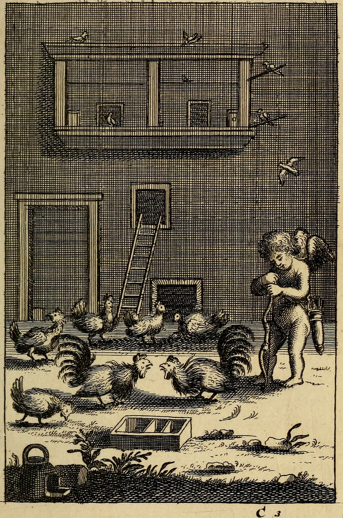 An illustration from Triumphus amoris, de cunctis universi hujus incolis actus, emblematibus ac symbolis Latinis, Italicis, Gallicis, Germanicis, oculis exhibitus. : Oder: Die über den gantzen Erd-cräisz triumphirende Liebe, in nachdencklichen Sinn-bildern neben sehr curiosen lateinischen, italianischen, französischen und teutschen Bey-sprüchen auch kurtzweiligen Versen fürgestellet, 1695, leaf 28