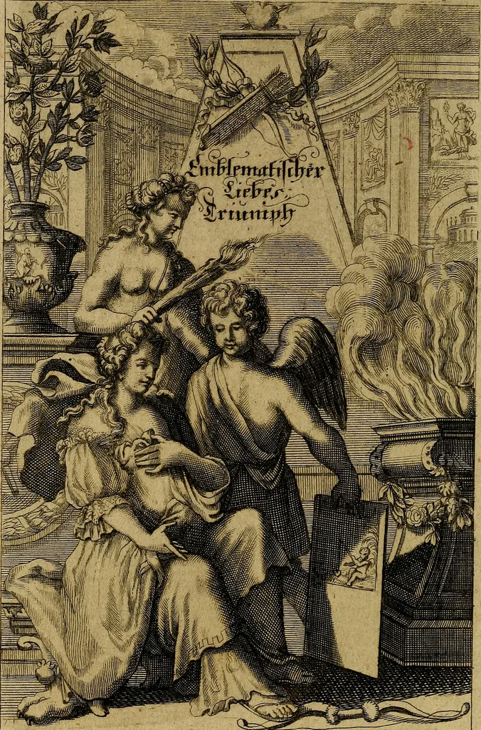An illustration from Triumphus amoris, de cunctis universi hujus incolis actus, emblematibus ac symbolis Latinis, Italicis, Gallicis, Germanicis, oculis exhibitus. : Oder: Die über den gantzen Erd-cräisz triumphirende Liebe, in nachdencklichen Sinn-bildern neben sehr curiosen lateinischen, italianischen, französischen und teutschen Bey-sprüchen auch kurtzweiligen Versen fürgestellet, 1695, leaf 3