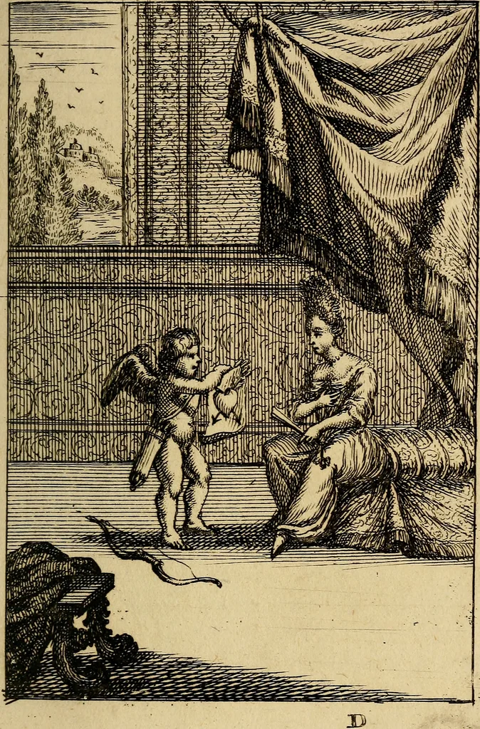 An illustration from Triumphus amoris, de cunctis universi hujus incolis actus, emblematibus ac symbolis Latinis, Italicis, Gallicis, Germanicis, oculis exhibitus. : Oder: Die über den gantzen Erd-cräisz triumphirende Liebe, in nachdencklichen Sinn-bildern neben sehr curiosen lateinischen, italianischen, französischen und teutschen Bey-sprüchen auch kurtzweiligen Versen fürgestellet, 1695, leaf 32