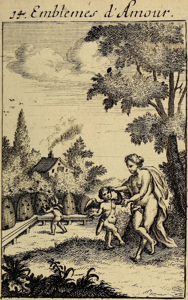An illustration from Triumphus amoris, de cunctis universi hujus incolis actus, emblematibus ac symbolis Latinis, Italicis, Gallicis, Germanicis, oculis exhibitus. : Oder: Die über den gantzen Erd-cräisz triumphirende Liebe, in nachdencklichen Sinn-bildern neben sehr curiosen lateinischen, italianischen, französischen und teutschen Bey-sprüchen auch kurtzweiligen Versen fürgestellet, 1695, leaf 34