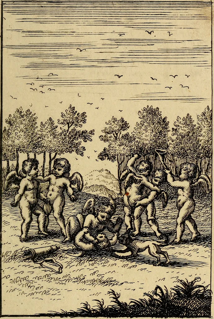 An illustration from Triumphus amoris, de cunctis universi hujus incolis actus, emblematibus ac symbolis Latinis, Italicis, Gallicis, Germanicis, oculis exhibitus. : Oder: Die über den gantzen Erd-cräisz triumphirende Liebe, in nachdencklichen Sinn-bildern neben sehr curiosen lateinischen, italianischen, französischen und teutschen Bey-sprüchen auch kurtzweiligen Versen fürgestellet, 1695, leaf 36