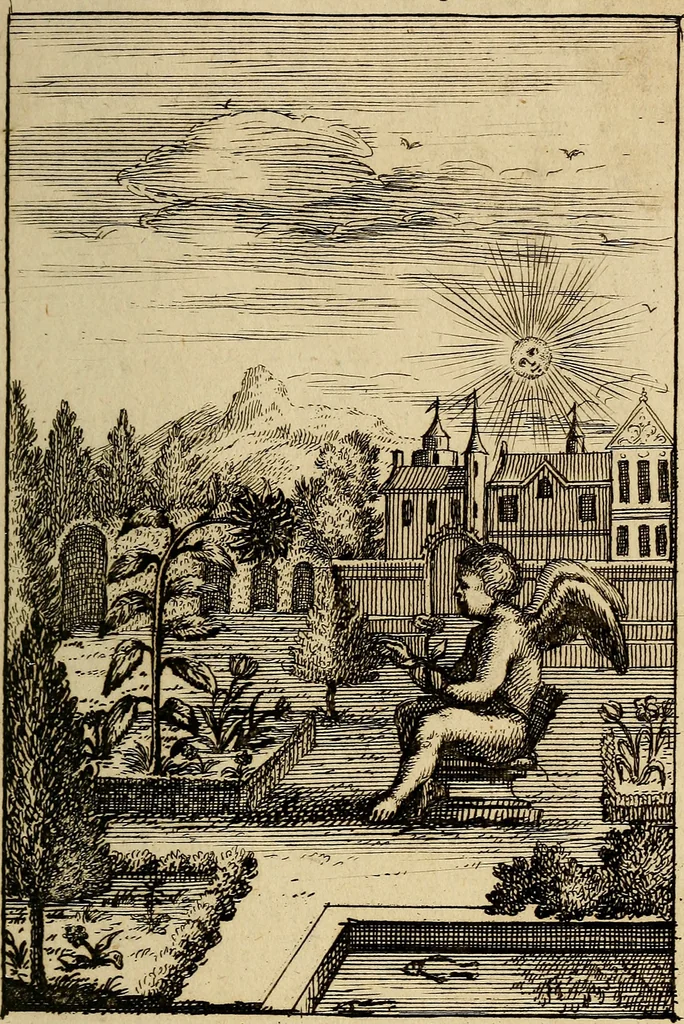 An illustration from Triumphus amoris, de cunctis universi hujus incolis actus, emblematibus ac symbolis Latinis, Italicis, Gallicis, Germanicis, oculis exhibitus. : Oder: Die über den gantzen Erd-cräisz triumphirende Liebe, in nachdencklichen Sinn-bildern neben sehr curiosen lateinischen, italianischen, französischen und teutschen Bey-sprüchen auch kurtzweiligen Versen fürgestellet, 1695, leaf 38