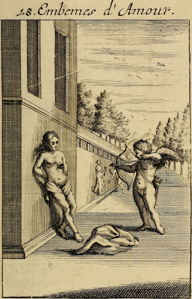 An illustration from Triumphus amoris, de cunctis universi hujus incolis actus, emblematibus ac symbolis Latinis, Italicis, Gallicis, Germanicis, oculis exhibitus. : Oder: Die über den gantzen Erd-cräisz triumphirende Liebe, in nachdencklichen Sinn-bildern neben sehr curiosen lateinischen, italianischen, französischen und teutschen Bey-sprüchen auch kurtzweiligen Versen fürgestellet, 1695, leaf 42