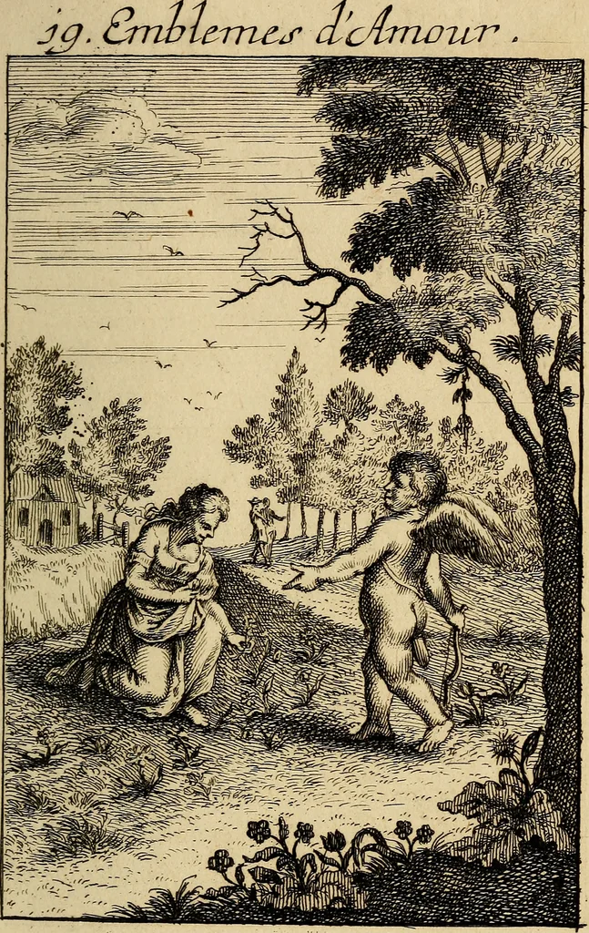 An illustration from Triumphus amoris, de cunctis universi hujus incolis actus, emblematibus ac symbolis Latinis, Italicis, Gallicis, Germanicis, oculis exhibitus. : Oder: Die über den gantzen Erd-cräisz triumphirende Liebe, in nachdencklichen Sinn-bildern neben sehr curiosen lateinischen, italianischen, französischen und teutschen Bey-sprüchen auch kurtzweiligen Versen fürgestellet, 1695, leaf 44