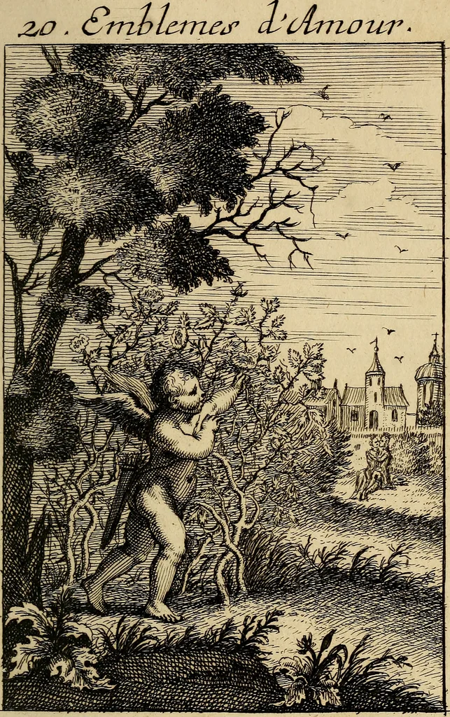 An illustration from Triumphus amoris, de cunctis universi hujus incolis actus, emblematibus ac symbolis Latinis, Italicis, Gallicis, Germanicis, oculis exhibitus. : Oder: Die über den gantzen Erd-cräisz triumphirende Liebe, in nachdencklichen Sinn-bildern neben sehr curiosen lateinischen, italianischen, französischen und teutschen Bey-sprüchen auch kurtzweiligen Versen fürgestellet, 1695, leaf 46