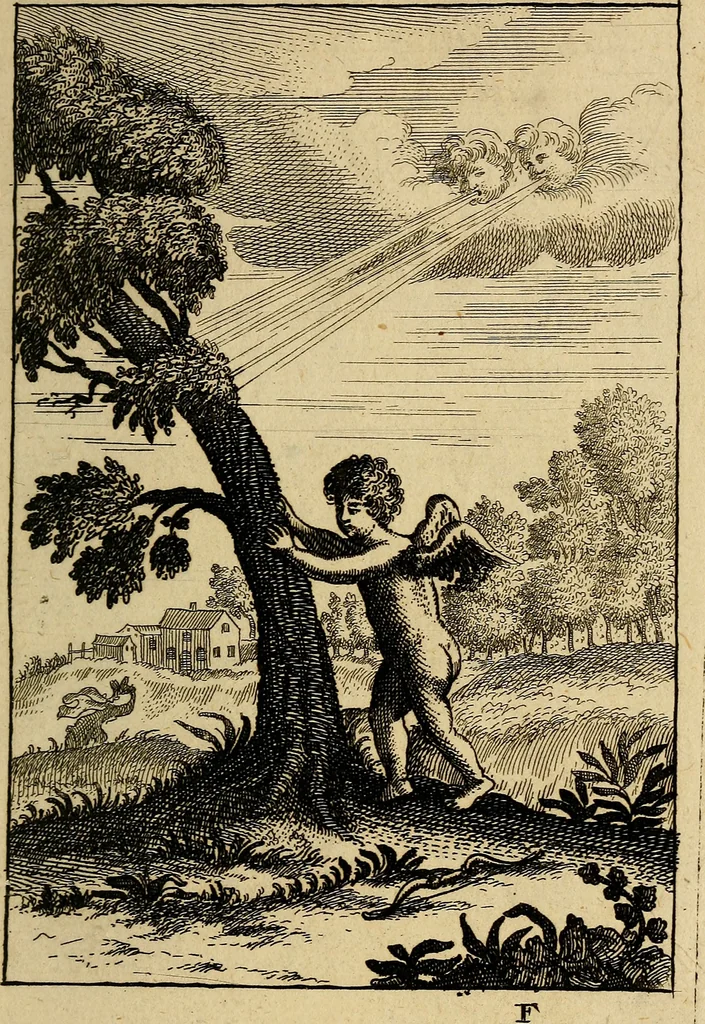 An illustration from Triumphus amoris, de cunctis universi hujus incolis actus, emblematibus ac symbolis Latinis, Italicis, Gallicis, Germanicis, oculis exhibitus. : Oder: Die über den gantzen Erd-cräisz triumphirende Liebe, in nachdencklichen Sinn-bildern neben sehr curiosen lateinischen, italianischen, französischen und teutschen Bey-sprüchen auch kurtzweiligen Versen fürgestellet, 1695, leaf 48