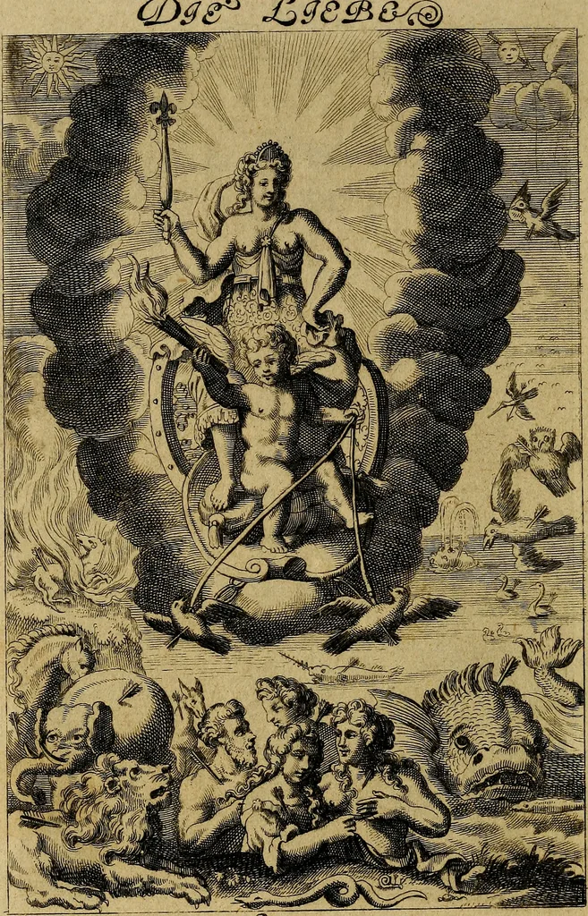 An illustration from Triumphus amoris, de cunctis universi hujus incolis actus, emblematibus ac symbolis Latinis, Italicis, Gallicis, Germanicis, oculis exhibitus. : Oder: Die über den gantzen Erd-cräisz triumphirende Liebe, in nachdencklichen Sinn-bildern neben sehr curiosen lateinischen, italianischen, französischen und teutschen Bey-sprüchen auch kurtzweiligen Versen fürgestellet, 1695, leaf 5