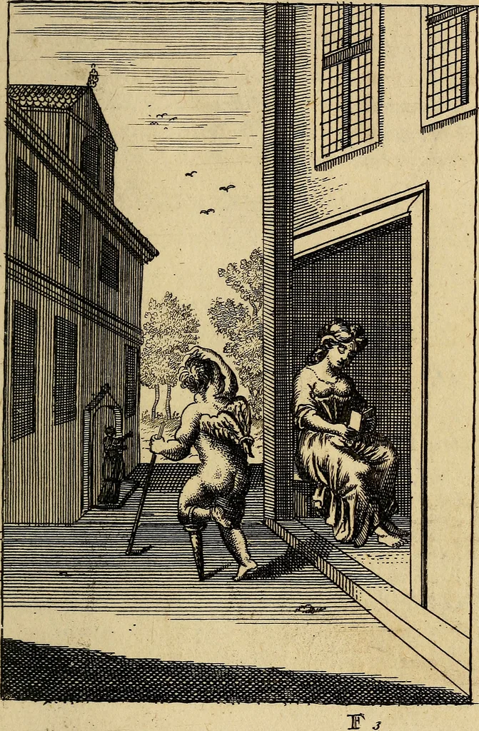 An illustration from Triumphus amoris, de cunctis universi hujus incolis actus, emblematibus ac symbolis Latinis, Italicis, Gallicis, Germanicis, oculis exhibitus. : Oder: Die über den gantzen Erd-cräisz triumphirende Liebe, in nachdencklichen Sinn-bildern neben sehr curiosen lateinischen, italianischen, französischen und teutschen Bey-sprüchen auch kurtzweiligen Versen fürgestellet, 1695, leaf 52