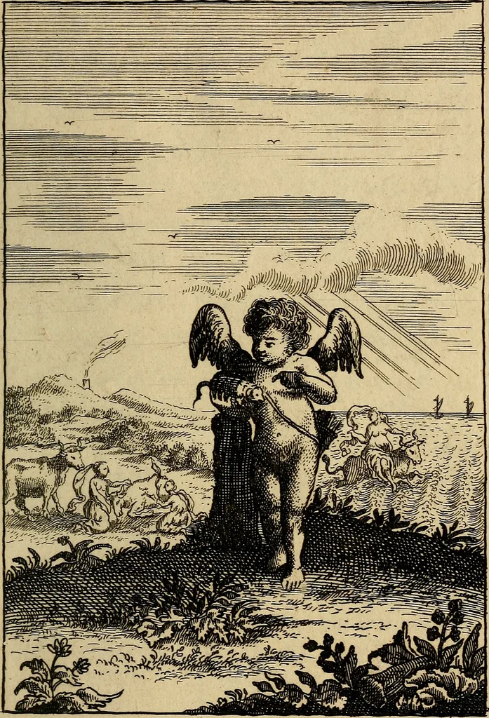 An illustration from Triumphus amoris, de cunctis universi hujus incolis actus, emblematibus ac symbolis Latinis, Italicis, Gallicis, Germanicis, oculis exhibitus. : Oder: Die über den gantzen Erd-cräisz triumphirende Liebe, in nachdencklichen Sinn-bildern neben sehr curiosen lateinischen, italianischen, französischen und teutschen Bey-sprüchen auch kurtzweiligen Versen fürgestellet, 1695, leaf 54