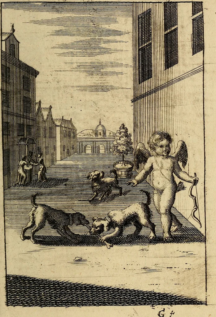 An illustration from Triumphus amoris, de cunctis universi hujus incolis actus, emblematibus ac symbolis Latinis, Italicis, Gallicis, Germanicis, oculis exhibitus. : Oder: Die über den gantzen Erd-cräisz triumphirende Liebe, in nachdencklichen Sinn-bildern neben sehr curiosen lateinischen, italianischen, französischen und teutschen Bey-sprüchen auch kurtzweiligen Versen fürgestellet, 1695, leaf 56