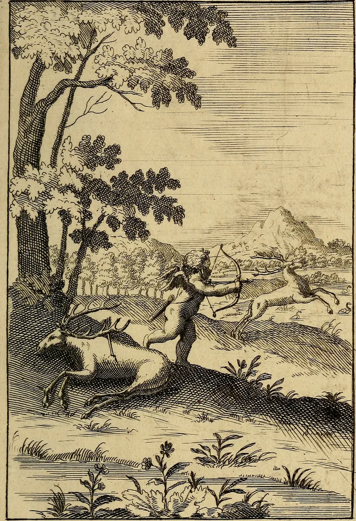 An illustration from Triumphus amoris, de cunctis universi hujus incolis actus, emblematibus ac symbolis Latinis, Italicis, Gallicis, Germanicis, oculis exhibitus. : Oder: Die über den gantzen Erd-cräisz triumphirende Liebe, in nachdencklichen Sinn-bildern neben sehr curiosen lateinischen, italianischen, französischen und teutschen Bey-sprüchen auch kurtzweiligen Versen fürgestellet, 1695, leaf 58