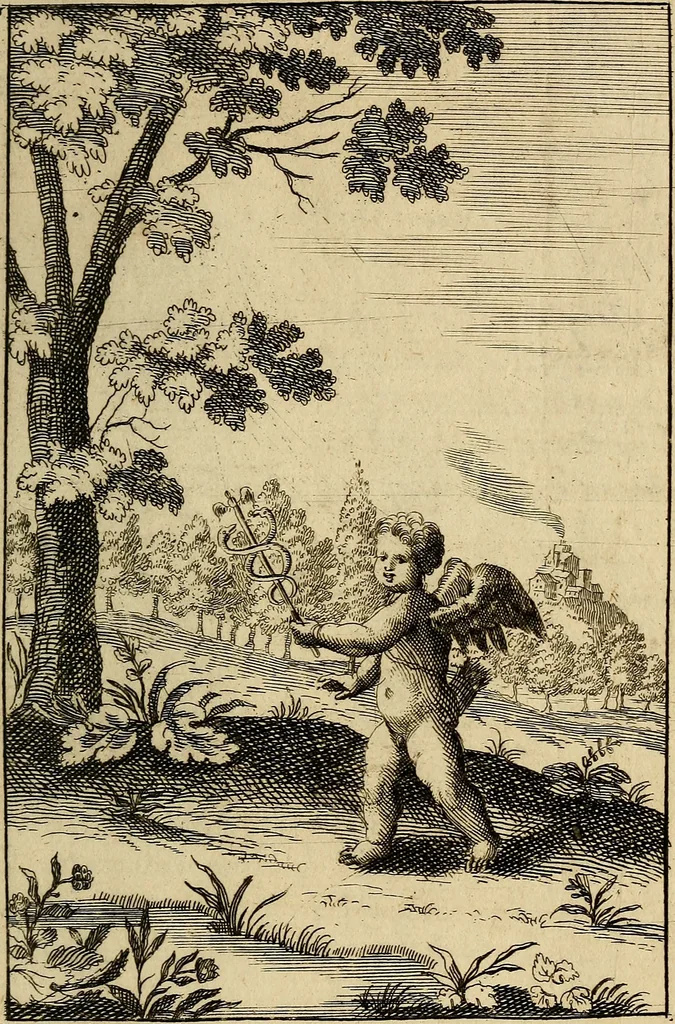An illustration from Triumphus amoris, de cunctis universi hujus incolis actus, emblematibus ac symbolis Latinis, Italicis, Gallicis, Germanicis, oculis exhibitus. : Oder: Die über den gantzen Erd-cräisz triumphirende Liebe, in nachdencklichen Sinn-bildern neben sehr curiosen lateinischen, italianischen, französischen und teutschen Bey-sprüchen auch kurtzweiligen Versen fürgestellet, 1695, leaf 60