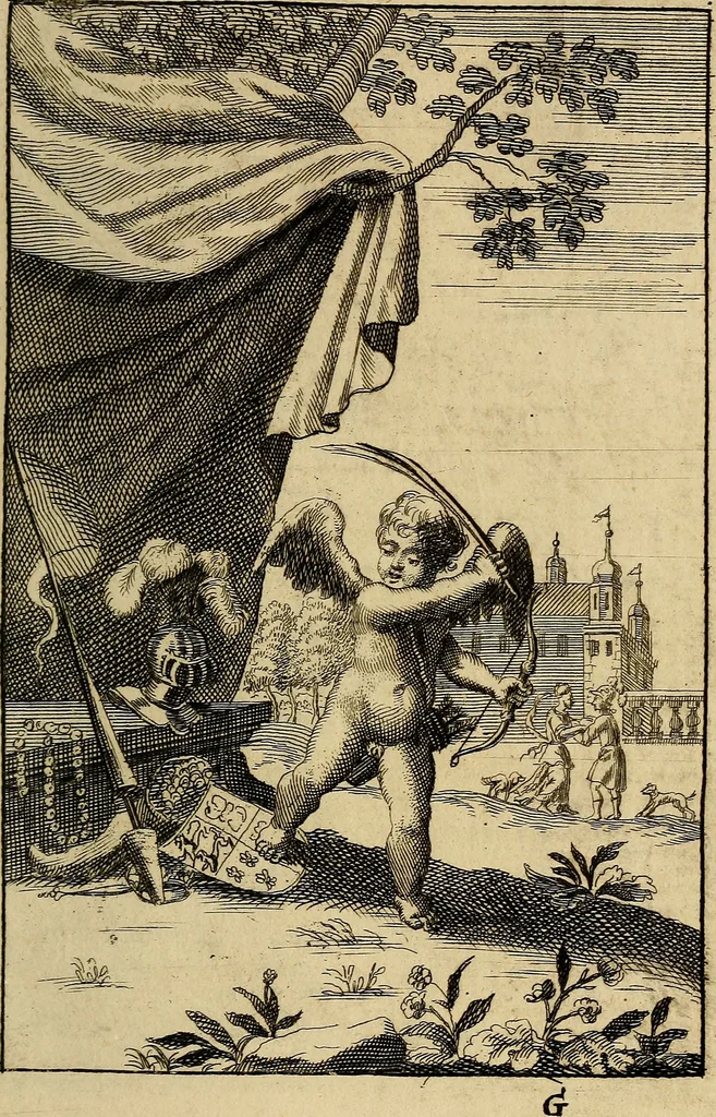An illustration from Triumphus amoris, de cunctis universi hujus incolis actus, emblematibus ac symbolis Latinis, Italicis, Gallicis, Germanicis, oculis exhibitus. : Oder: Die über den gantzen Erd-cräisz triumphirende Liebe, in nachdencklichen Sinn-bildern neben sehr curiosen lateinischen, italianischen, französischen und teutschen Bey-sprüchen auch kurtzweiligen Versen fürgestellet, 1695, leaf 62