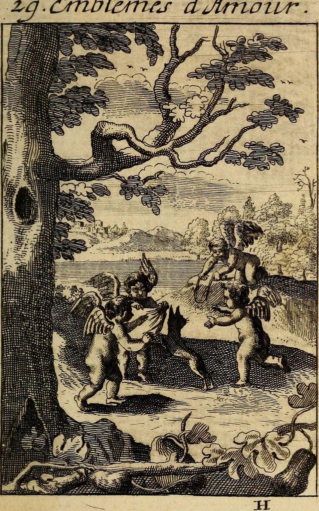 An illustration from Triumphus amoris, de cunctis universi hujus incolis actus, emblematibus ac symbolis Latinis, Italicis, Gallicis, Germanicis, oculis exhibitus. : Oder: Die über den gantzen Erd-cräisz triumphirende Liebe, in nachdencklichen Sinn-bildern neben sehr curiosen lateinischen, italianischen, französischen und teutschen Bey-sprüchen auch kurtzweiligen Versen fürgestellet, 1695, leaf 64