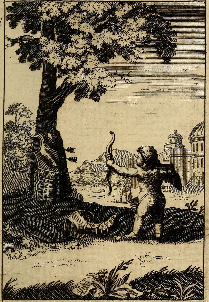 An illustration from Triumphus amoris, de cunctis universi hujus incolis actus, emblematibus ac symbolis Latinis, Italicis, Gallicis, Germanicis, oculis exhibitus. : Oder: Die über den gantzen Erd-cräisz triumphirende Liebe, in nachdencklichen Sinn-bildern neben sehr curiosen lateinischen, italianischen, französischen und teutschen Bey-sprüchen auch kurtzweiligen Versen fürgestellet, 1695, leaf 68