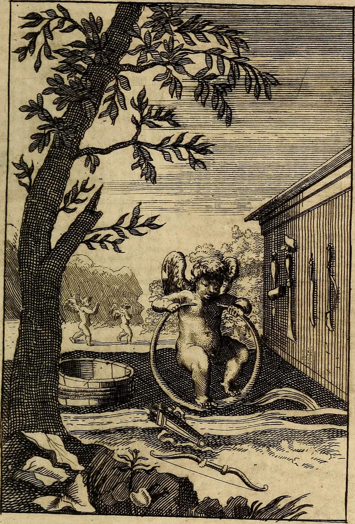 An illustration from Triumphus amoris, de cunctis universi hujus incolis actus, emblematibus ac symbolis Latinis, Italicis, Gallicis, Germanicis, oculis exhibitus. : Oder: Die über den gantzen Erd-cräisz triumphirende Liebe, in nachdencklichen Sinn-bildern neben sehr curiosen lateinischen, italianischen, französischen und teutschen Bey-sprüchen auch kurtzweiligen Versen fürgestellet, 1695, leaf 70