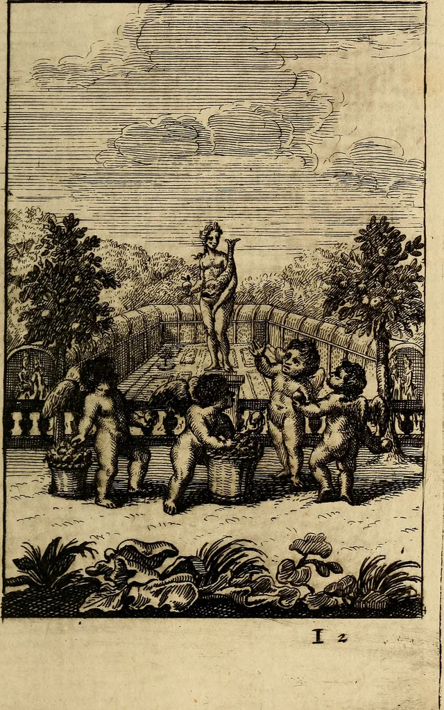 An illustration from Triumphus amoris, de cunctis universi hujus incolis actus, emblematibus ac symbolis Latinis, Italicis, Gallicis, Germanicis, oculis exhibitus. : Oder: Die über den gantzen Erd-cräisz triumphirende Liebe, in nachdencklichen Sinn-bildern neben sehr curiosen lateinischen, italianischen, französischen und teutschen Bey-sprüchen auch kurtzweiligen Versen fürgestellet, 1695, leaf 74