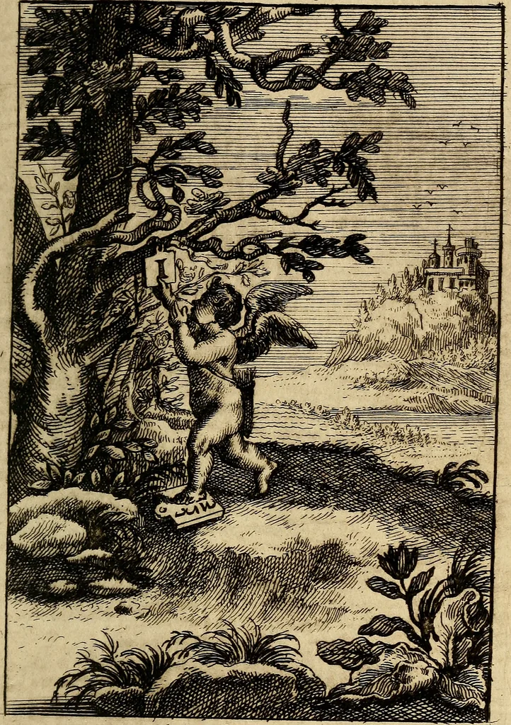 An illustration from Triumphus amoris, de cunctis universi hujus incolis actus, emblematibus ac symbolis Latinis, Italicis, Gallicis, Germanicis, oculis exhibitus. : Oder: Die über den gantzen Erd-cräisz triumphirende Liebe, in nachdencklichen Sinn-bildern neben sehr curiosen lateinischen, italianischen, französischen und teutschen Bey-sprüchen auch kurtzweiligen Versen fürgestellet, 1695, leaf 78