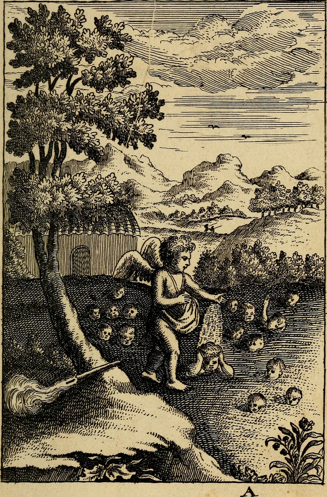 An illustration from Triumphus amoris, de cunctis universi hujus incolis actus, emblematibus ac symbolis Latinis, Italicis, Gallicis, Germanicis, oculis exhibitus. : Oder: Die über den gantzen Erd-cräisz triumphirende Liebe, in nachdencklichen Sinn-bildern neben sehr curiosen lateinischen, italianischen, französischen und teutschen Bey-sprüchen auch kurtzweiligen Versen fürgestellet, 1695, leaf 8