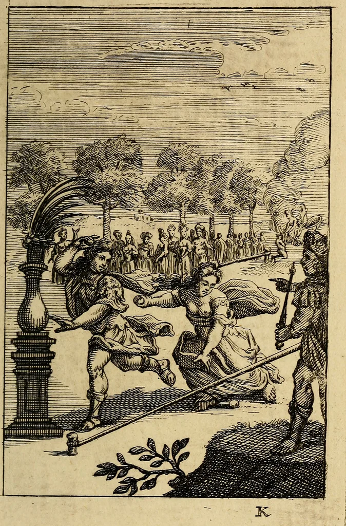 An illustration from Triumphus amoris, de cunctis universi hujus incolis actus, emblematibus ac symbolis Latinis, Italicis, Gallicis, Germanicis, oculis exhibitus. : Oder: Die über den gantzen Erd-cräisz triumphirende Liebe, in nachdencklichen Sinn-bildern neben sehr curiosen lateinischen, italianischen, französischen und teutschen Bey-sprüchen auch kurtzweiligen Versen fürgestellet, 1695, leaf 80
