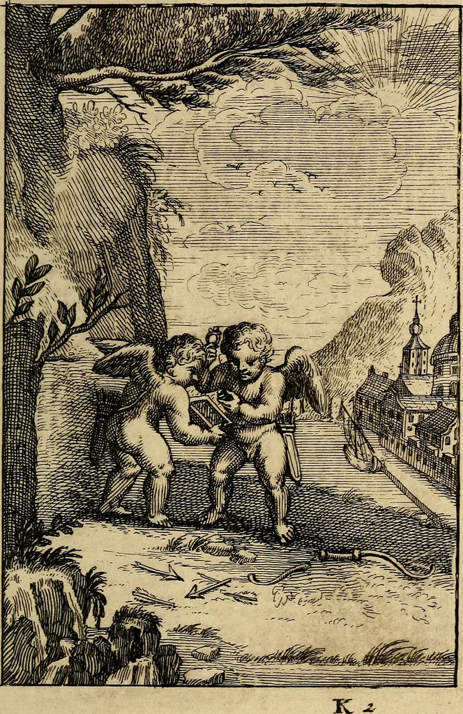 An illustration from Triumphus amoris, de cunctis universi hujus incolis actus, emblematibus ac symbolis Latinis, Italicis, Gallicis, Germanicis, oculis exhibitus. : Oder: Die über den gantzen Erd-cräisz triumphirende Liebe, in nachdencklichen Sinn-bildern neben sehr curiosen lateinischen, italianischen, französischen und teutschen Bey-sprüchen auch kurtzweiligen Versen fürgestellet, 1695, leaf 82