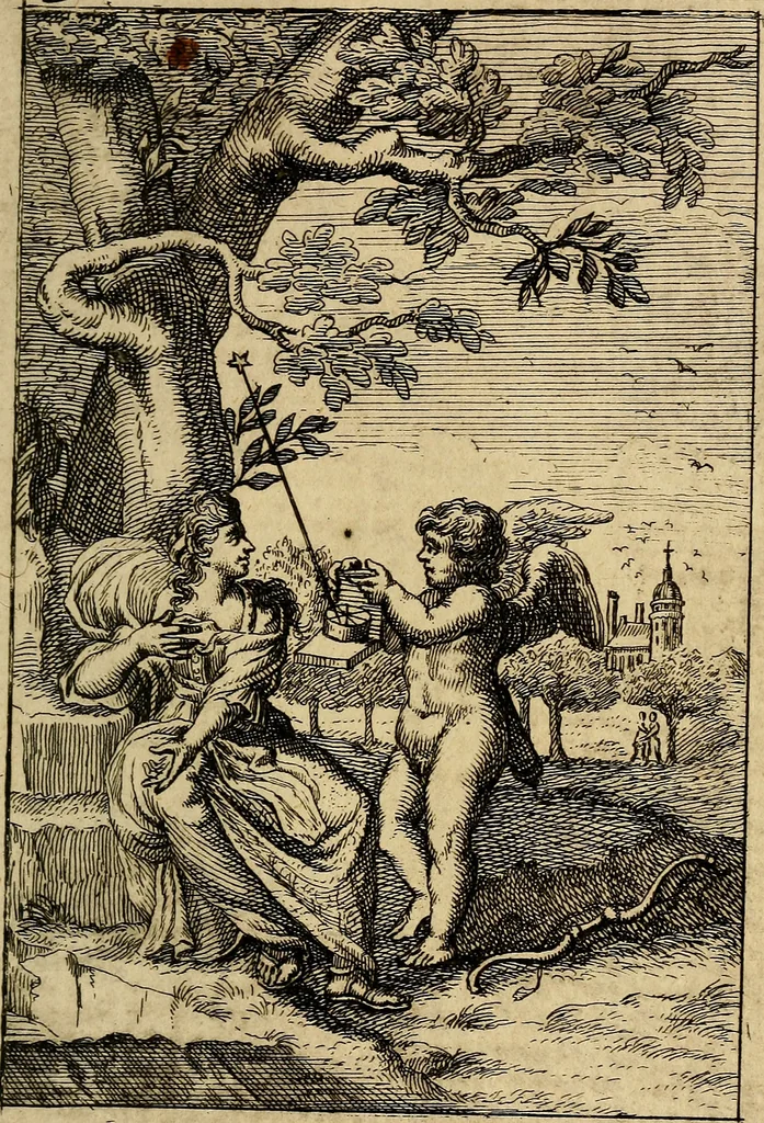 An illustration from Triumphus amoris, de cunctis universi hujus incolis actus, emblematibus ac symbolis Latinis, Italicis, Gallicis, Germanicis, oculis exhibitus. : Oder: Die über den gantzen Erd-cräisz triumphirende Liebe, in nachdencklichen Sinn-bildern neben sehr curiosen lateinischen, italianischen, französischen und teutschen Bey-sprüchen auch kurtzweiligen Versen fürgestellet, 1695, leaf 84