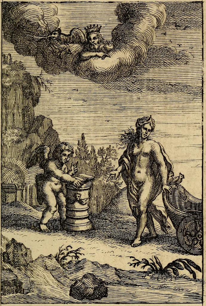 An illustration from Triumphus amoris, de cunctis universi hujus incolis actus, emblematibus ac symbolis Latinis, Italicis, Gallicis, Germanicis, oculis exhibitus. : Oder: Die über den gantzen Erd-cräisz triumphirende Liebe, in nachdencklichen Sinn-bildern neben sehr curiosen lateinischen, italianischen, französischen und teutschen Bey-sprüchen auch kurtzweiligen Versen fürgestellet, 1695, leaf 86