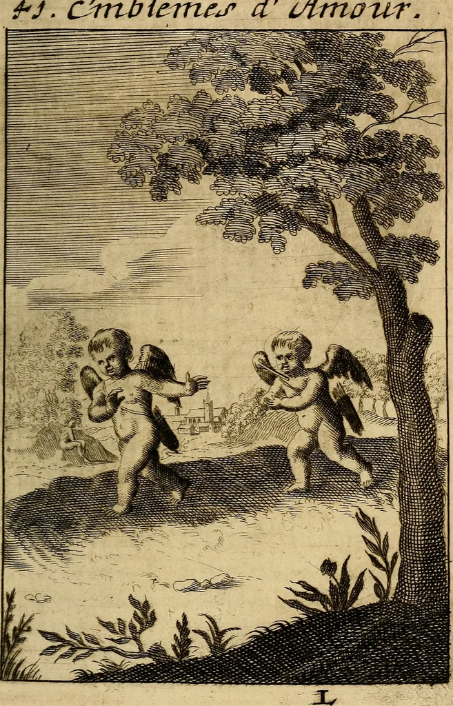 An illustration from Triumphus amoris, de cunctis universi hujus incolis actus, emblematibus ac symbolis Latinis, Italicis, Gallicis, Germanicis, oculis exhibitus. : Oder: Die über den gantzen Erd-cräisz triumphirende Liebe, in nachdencklichen Sinn-bildern neben sehr curiosen lateinischen, italianischen, französischen und teutschen Bey-sprüchen auch kurtzweiligen Versen fürgestellet, 1695, leaf 88