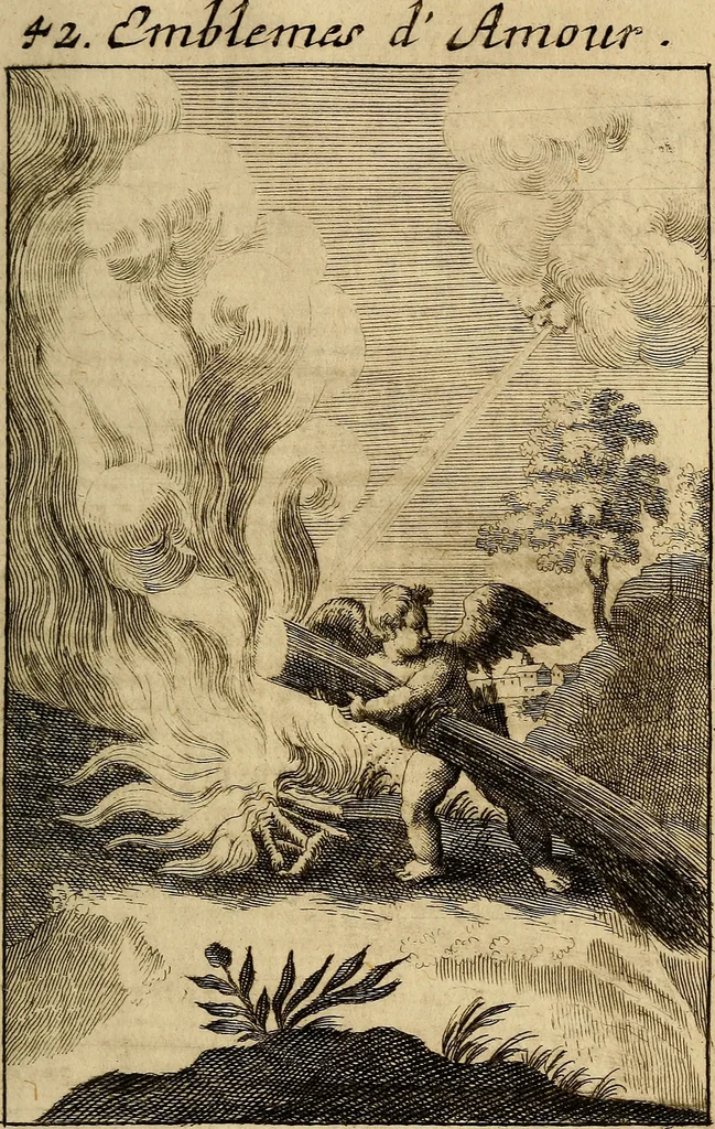 An illustration from Triumphus amoris, de cunctis universi hujus incolis actus, emblematibus ac symbolis Latinis, Italicis, Gallicis, Germanicis, oculis exhibitus. : Oder: Die über den gantzen Erd-cräisz triumphirende Liebe, in nachdencklichen Sinn-bildern neben sehr curiosen lateinischen, italianischen, französischen und teutschen Bey-sprüchen auch kurtzweiligen Versen fürgestellet, 1695, leaf 90