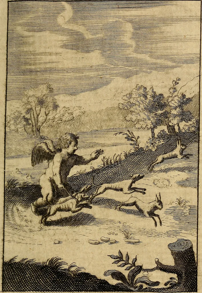 An illustration from Triumphus amoris, de cunctis universi hujus incolis actus, emblematibus ac symbolis Latinis, Italicis, Gallicis, Germanicis, oculis exhibitus. : Oder: Die über den gantzen Erd-cräisz triumphirende Liebe, in nachdencklichen Sinn-bildern neben sehr curiosen lateinischen, italianischen, französischen und teutschen Bey-sprüchen auch kurtzweiligen Versen fürgestellet, 1695, leaf 92