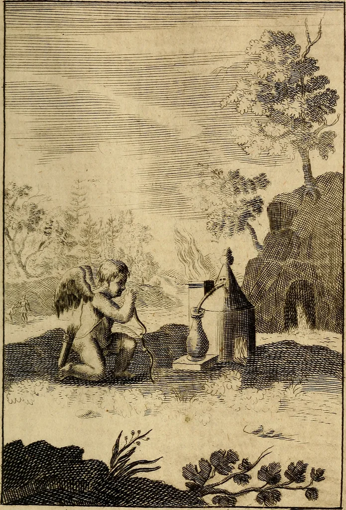 An illustration from Triumphus amoris, de cunctis universi hujus incolis actus, emblematibus ac symbolis Latinis, Italicis, Gallicis, Germanicis, oculis exhibitus. : Oder: Die über den gantzen Erd-cräisz triumphirende Liebe, in nachdencklichen Sinn-bildern neben sehr curiosen lateinischen, italianischen, französischen und teutschen Bey-sprüchen auch kurtzweiligen Versen fürgestellet, 1695, leaf 94
