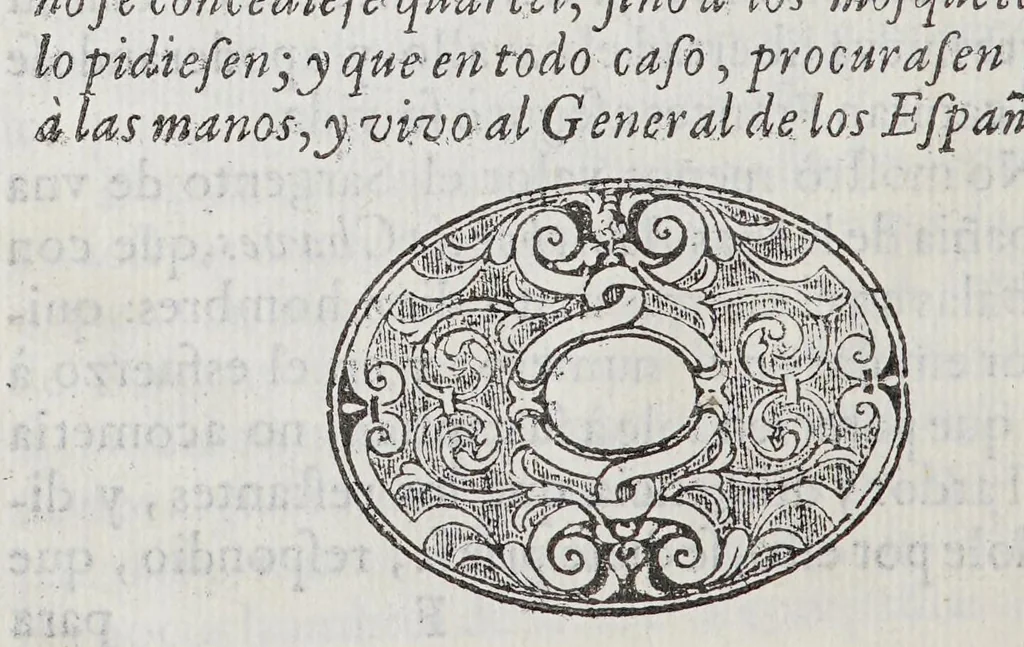 An illustration from Trofeo de la justicia española en el castigo de la alevosia francesa : que al abrigo de la armada de Barlovento, executaron los lanzeros de la isla de Santo Domingo, en los que de aquella nacion ocupan sus costas. Debido todo à providentes ordenes del ex[celentissi]mo señor d[on] Gaspar de Sandoval Cerda Silva y Mendoza, conde de Galve, virrey de la Nueva-Espanã., 1691, leaf 54