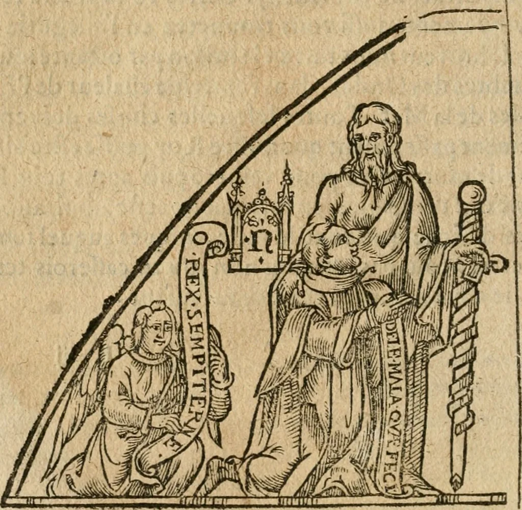 An illustration from Trois traitez de la philosophie natvrelle, non encore imprimez : scavoir, Le secret livre dv tres-ancien philosophe Artephivs, traitant de l'art occulte & transmutation metallique, latin françois : plvs, Les figvres hierogliphiqves de Nicolas Flamel, ainsi qu'il les a mises en la quatriesme arche qu'il a bastie au Cimetiere des innocens à Paris, entrant par la grande porte de la ruë S. Denys, & prenant la main droite, auec l'explication d'icelles par iceluy Flamel : ensemble, Le vray liure du docte Synesivs abbé grec, tiré de la bibliotheque de l'empereur sur le mesme subiect, 1612, leaf 79