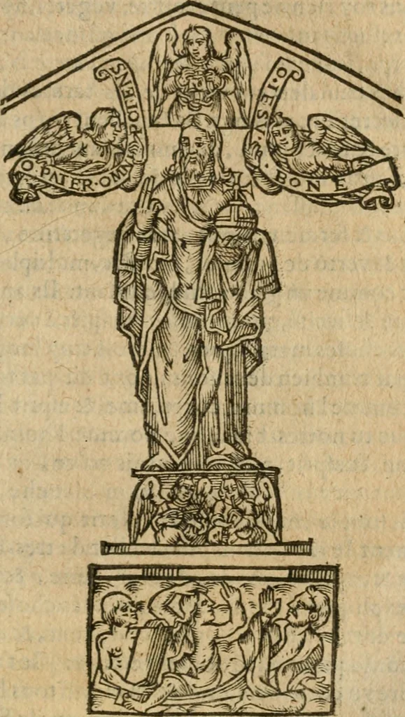 An illustration from Trois traitez de la philosophie natvrelle, non encore imprimez : scavoir, Le secret livre dv tres-ancien philosophe Artephivs, traitant de l'art occulte & transmutation metallique, latin françois : plvs, Les figvres hierogliphiqves de Nicolas Flamel, ainsi qu'il les a mises en la quatriesme arche qu'il a bastie au Cimetiere des innocens à Paris, entrant par la grande porte de la ruë S. Denys, & prenant la main droite, auec l'explication d'icelles par iceluy Flamel : ensemble, Le vray liure du docte Synesivs abbé grec, tiré de la bibliotheque de l'empereur sur le mesme subiect, 1612, leaf 84