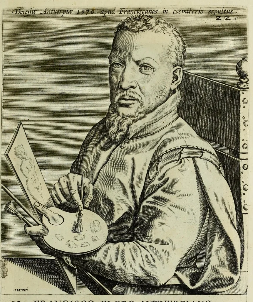 An illustration from The true effigies of the most eminent painters, and other famous artists that have flourished in Europe. Curiously engraven on copper-plates. Together with an account of the time when they lived, the most remarkable passages of their lives, and most considerable works. Very useful for all such gentlemen as are lovers of art and ingenuity, 1694, leaf 77