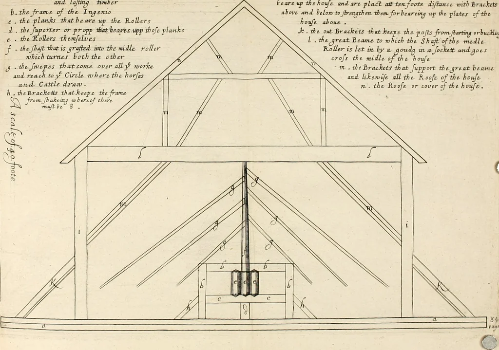 An illustration from A true & exact history of the island of Barbados : illustrated with a mapp of the island, as also the principall trees and plants there, set forth in their due proportions and shapes, drawne out by their severall and respective scales : together with the ingenio that makes the sugar, with the plots of the severall houses, roomes, and other places, that are used in the whole processe of sugar-making ... : all cut in copper, 1657, leaf 119