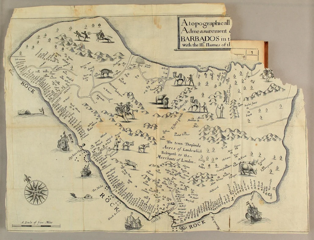 An illustration from A true & exact history of the island of Barbados. : Illustrated with a mapp of the island, as also the principall trees and plants there, set forth in their due proportions and shapes, drawne out by their severall and respective scales. Together with the ingenio that makes the sugar, with the plots of the severall houses, roomes, and other places, that are used in the whole processe of sugar-making; viz. the grinding-room, the boyling-room, the filling-room, the curing-house, still-house, and furnaces; all cut in copper., 1657, leaf 19